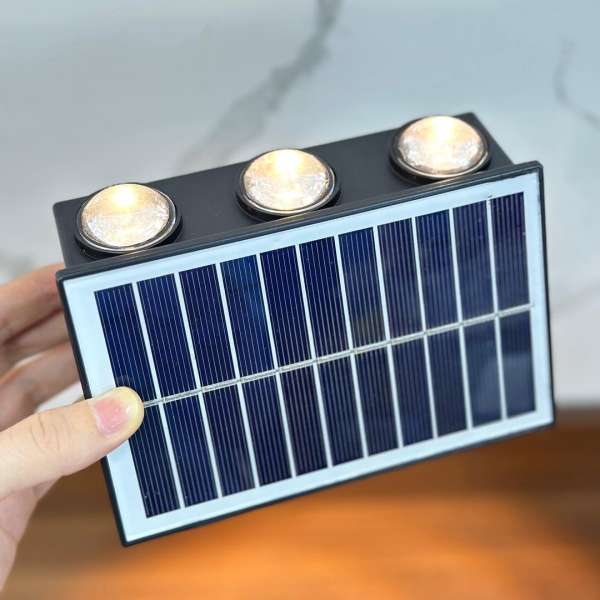 Aplique solar bidireccional 6 LED luz cálida, Aplique solar exterior IP65 para muro, Lámpara solar LED exterior bidireccional